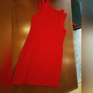 Red Katherine Barclay sleeveless dress with cut outs on shoulders